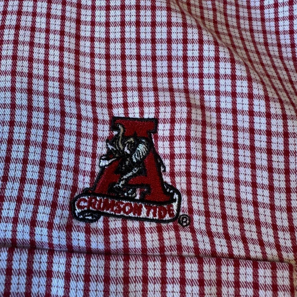 Mens Red White Gingham Check Button Down Shirt Large Embroidered Cardinal Logo